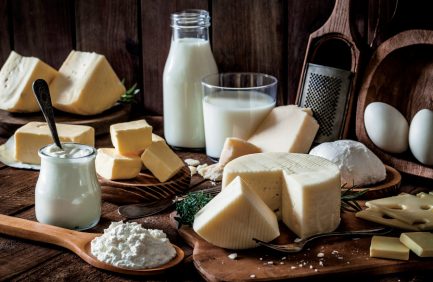 Variety of dairy products including cheese, milk and butter