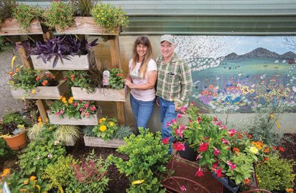 Kellie and Tim Bowen stock plants at their nursery, Full Bloom Nursery, located in Clermont, while employees Monica Chandler and Susanne Keller maintain flowers in a greenhouse.