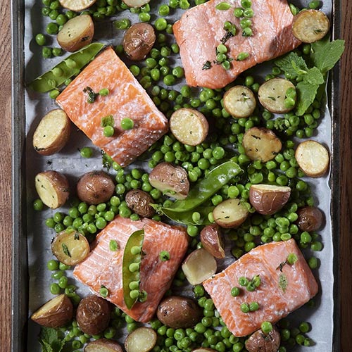 Sheet Pan Salmon Dinner with Mint Dressing