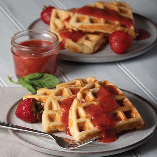 Belgian Yogurt Waffles with Strawberry-Rhubarb Syrup