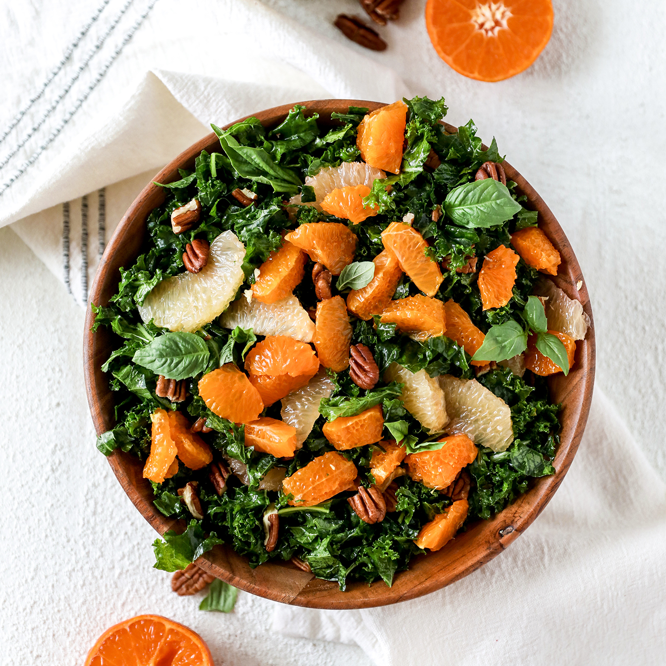 Massaged Kale Salad with Grapefruit, Tangerine, Nuts and Orange Vinaigrette