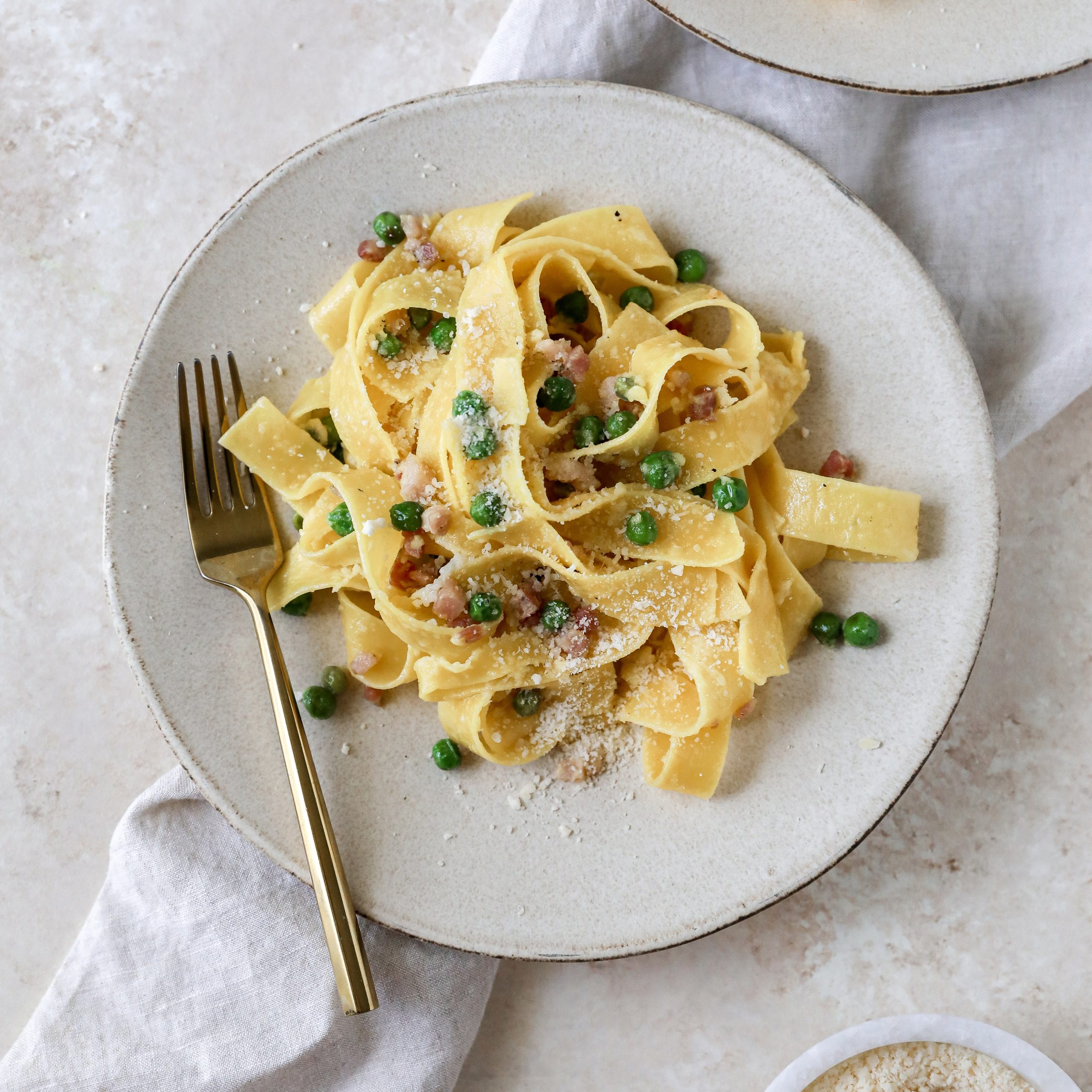 Pasta Carbonara with English Peas