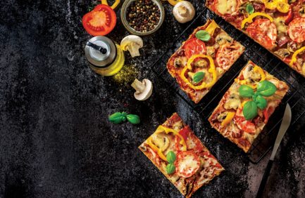 Detroit-style pizza and ingredients
