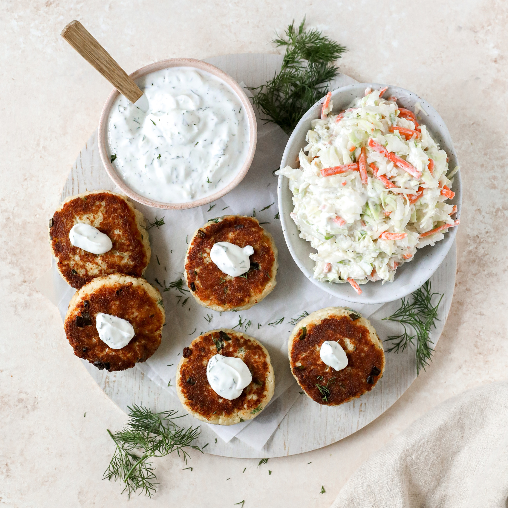 Blue Crab Cakes with Coleslaw and Citrus Dill Yogurt Sauce