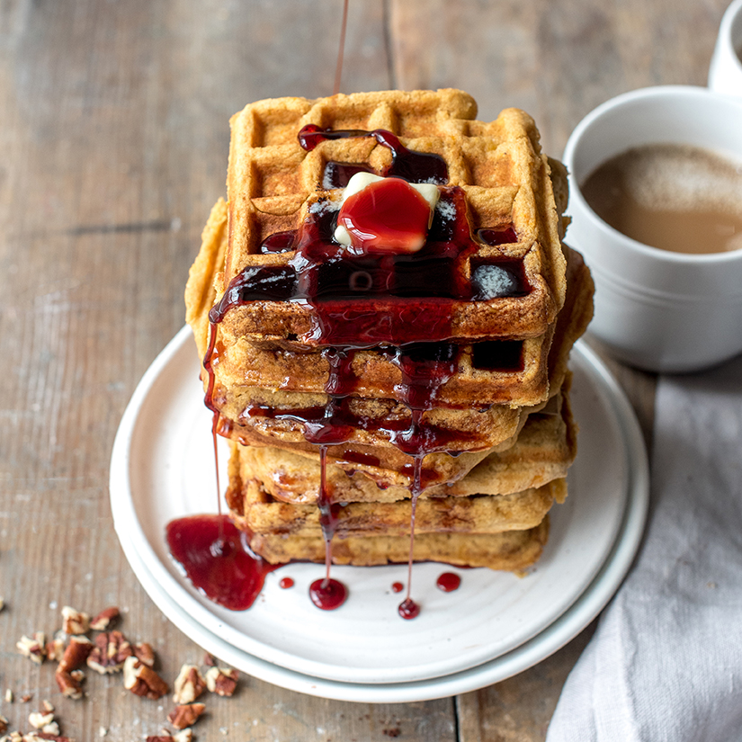 Butternut Squash Waffles with Pomegranate Syrup