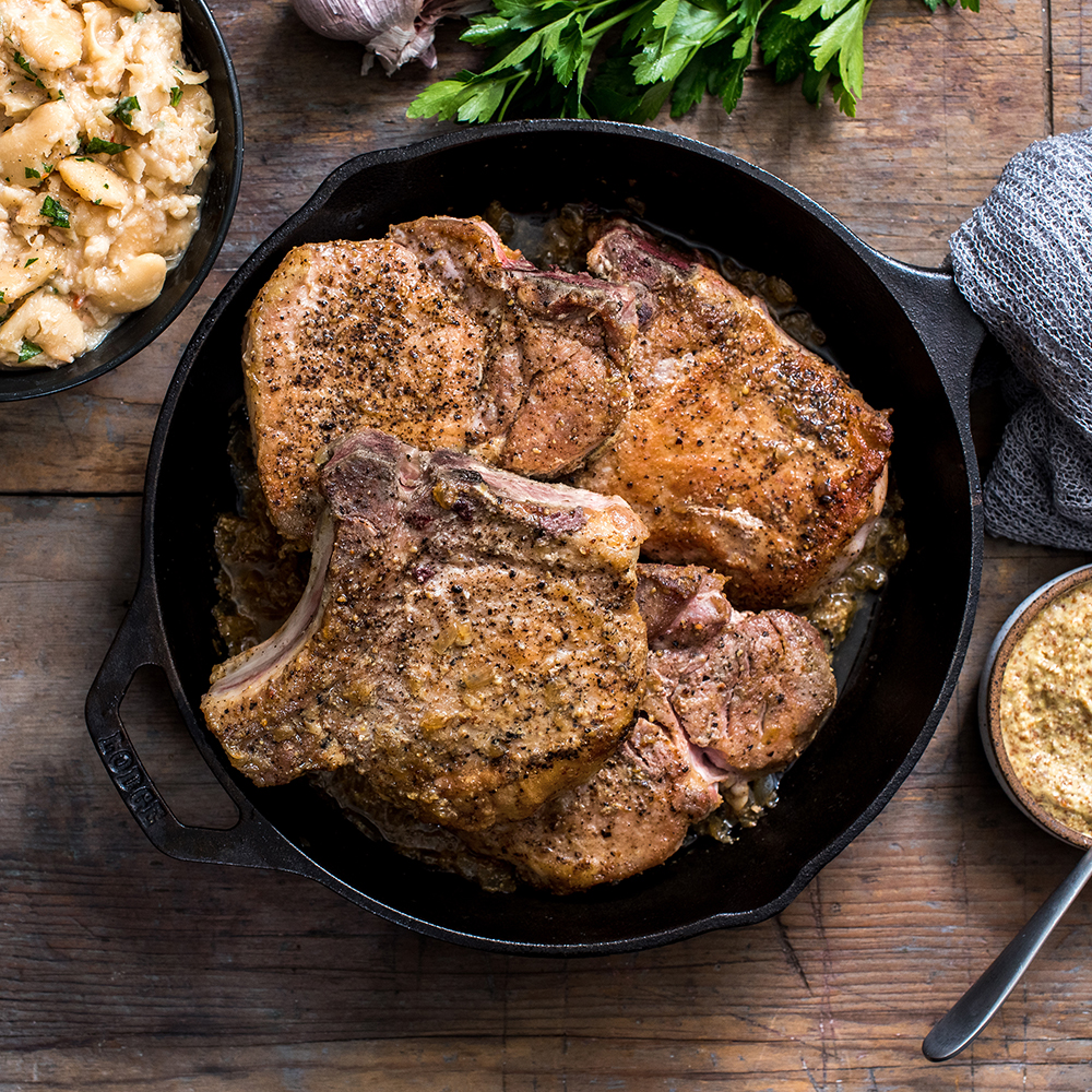 Maple-Mustard Glazed Pork Chops with Butter Bean Smash