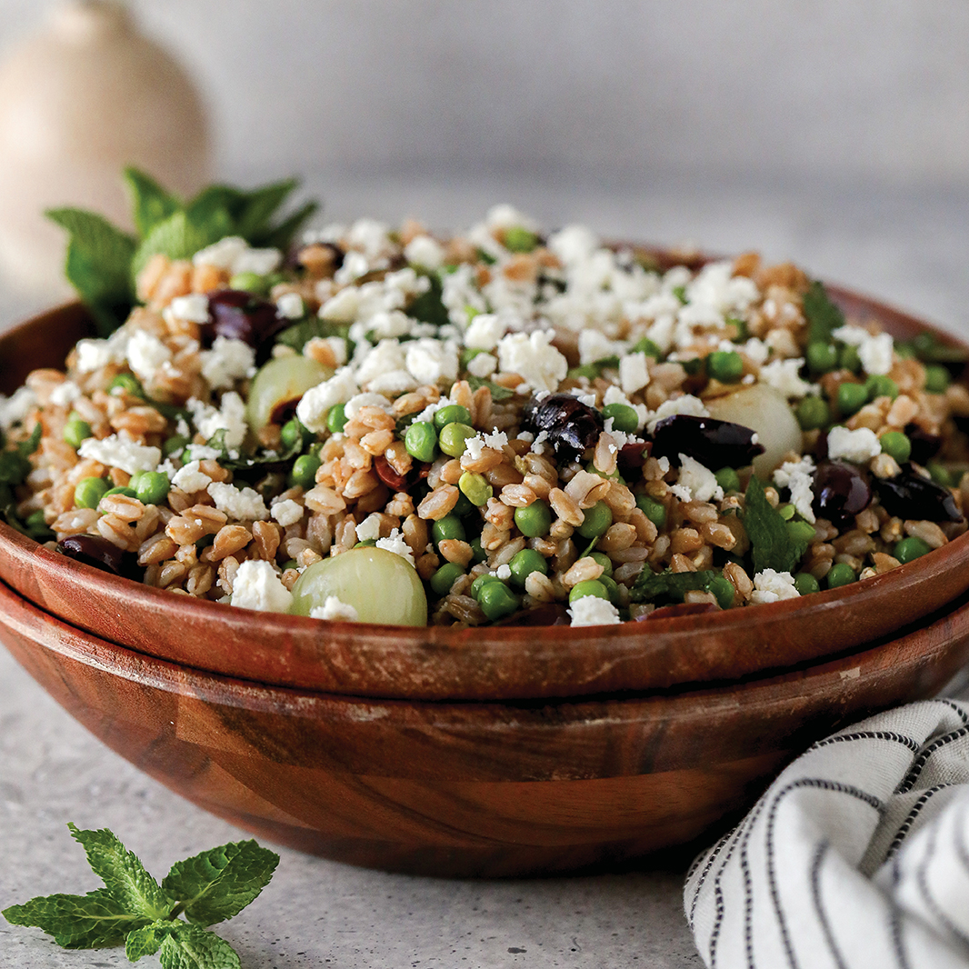 Farro Salad with Peas, Pearl Onions, Feta and Mint