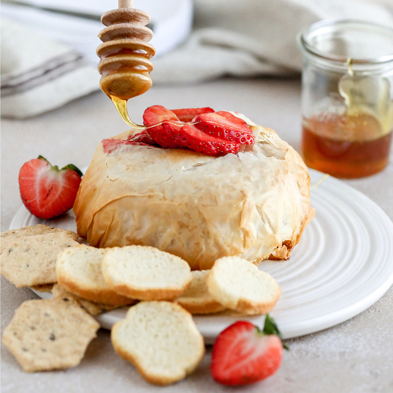 Phyllo Baked Brie with Strawberries and Honey