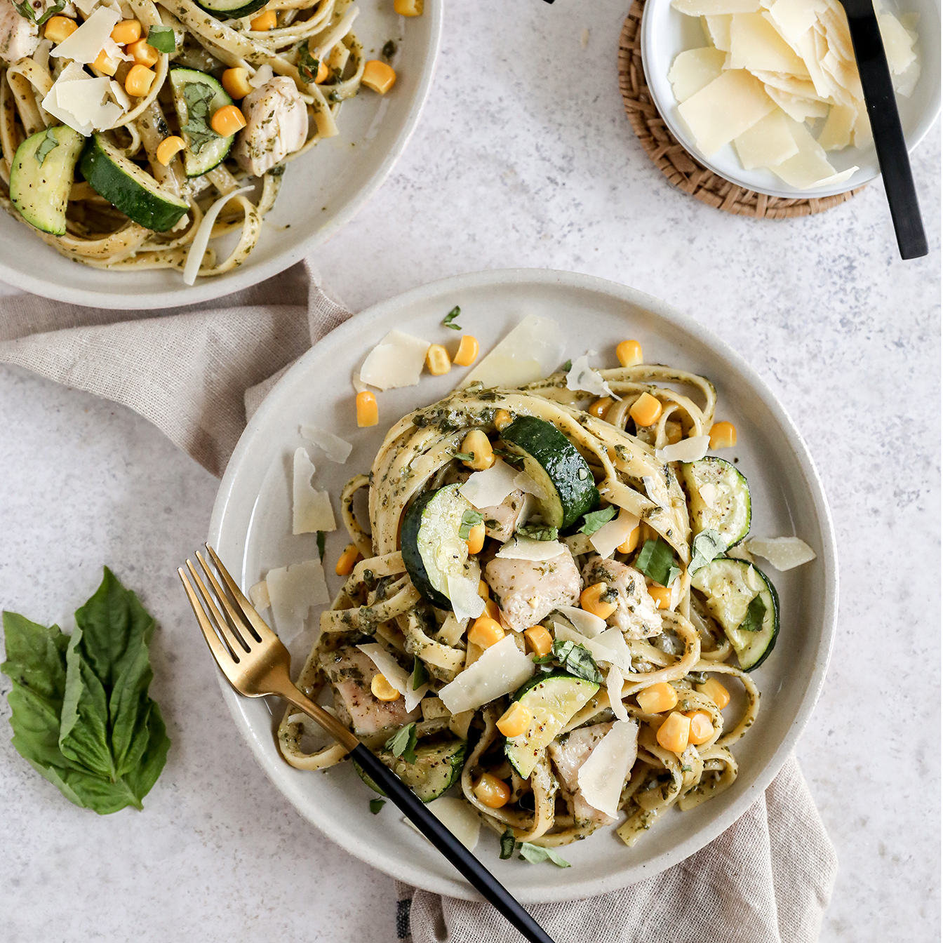 Pesto Pasta with Chicken, Zucchini and Corn