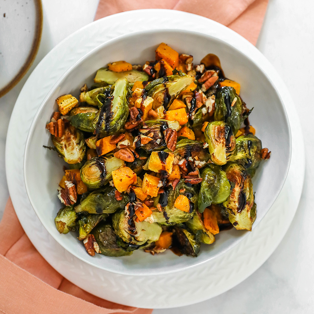 Roasted Brussels Sprouts with Butternut Squash and Pecans