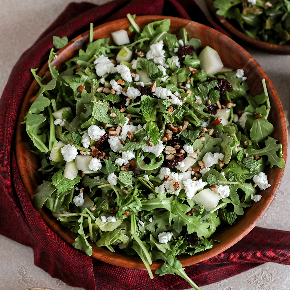 Arugula, Pear and Cherry Salad with Chocolate-Balsamic Vinaigrette