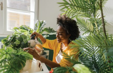 Photo of a young woman, taking care of houseplants