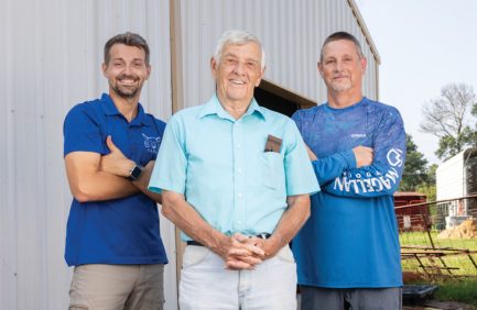 Austin Warden, Ronnie Boe and Sean Boe represent three generations raising roasting pigs on Boe Farms.