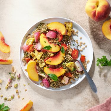 Farro Salad with Peaches and Pistachio Pesto