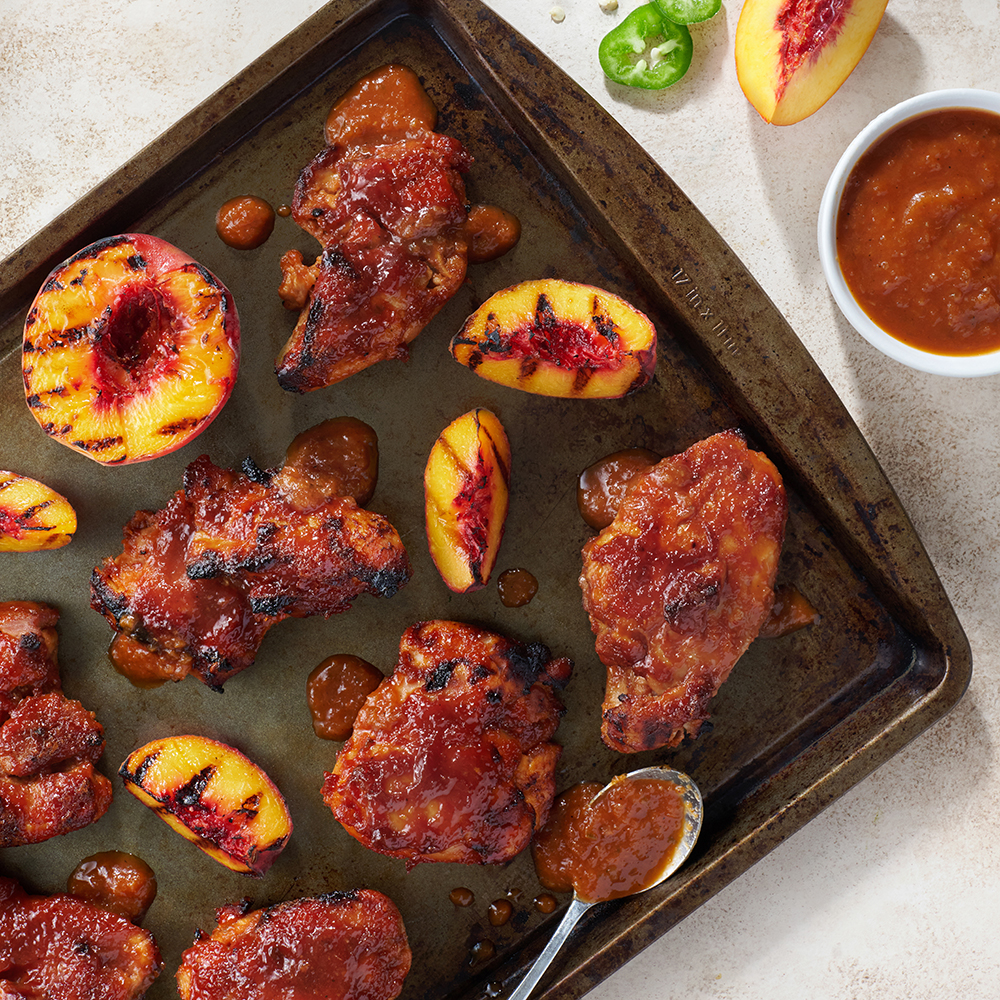 Sheet Pan Chicken Thighs with Peach Barbecue Sauce