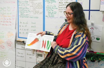 Allison Rea, an urban farmer in Pueblo who works with Pueblo Food Project, visited several classes and read Seed, Sprout, Spice! All About Pueblo Chiles for Colorado Agriculture in the Classroom